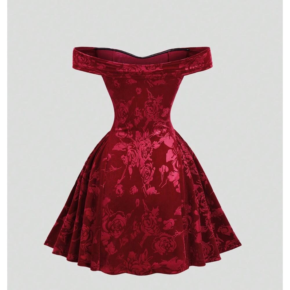 SHEIN Red Velvet Off-Shoulder Rose Mini Dress Size M
